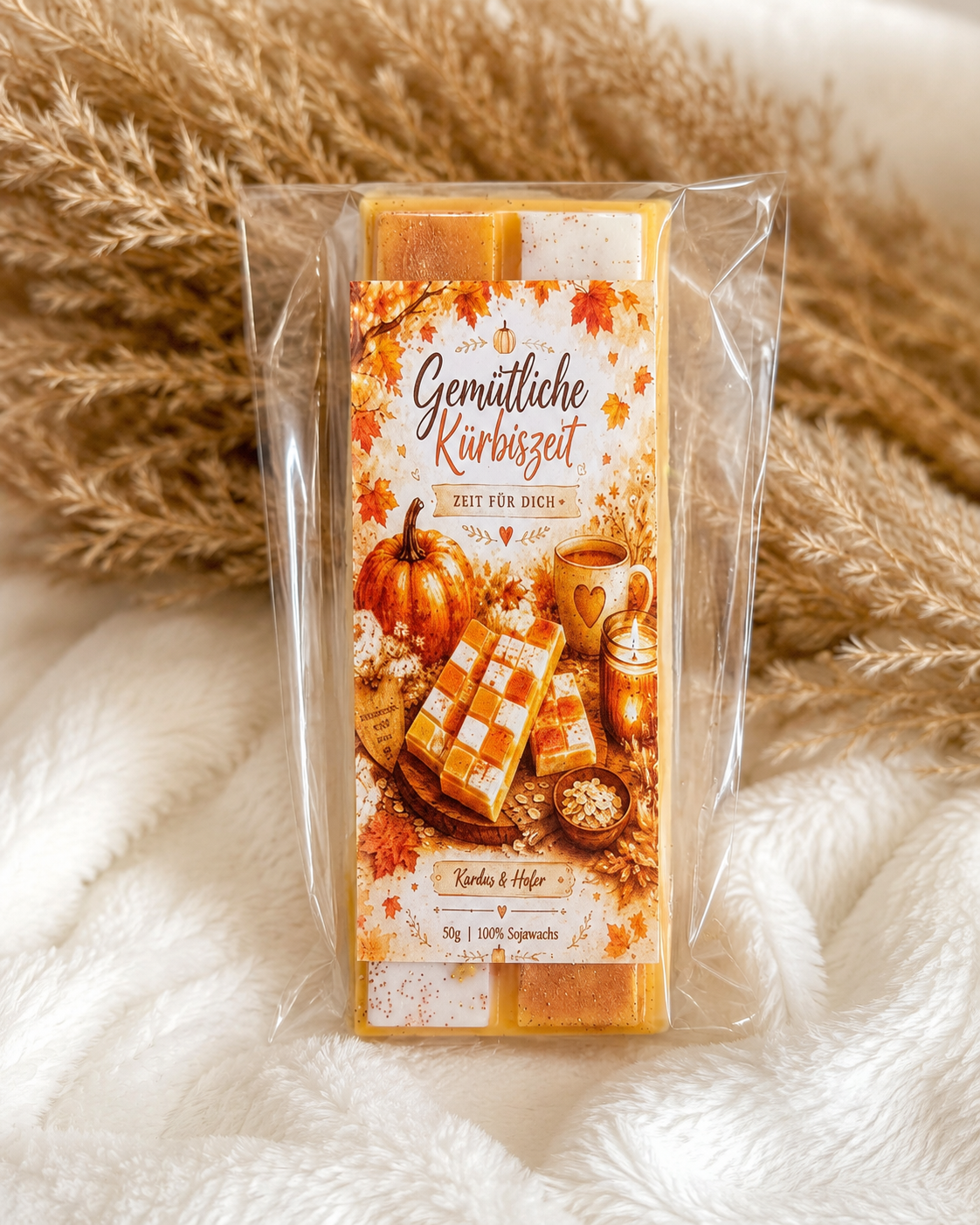 50 g Wax Melt Tafel aus Sojawachs mit Kürbis und Hafer Duft in herbstlichen Farben