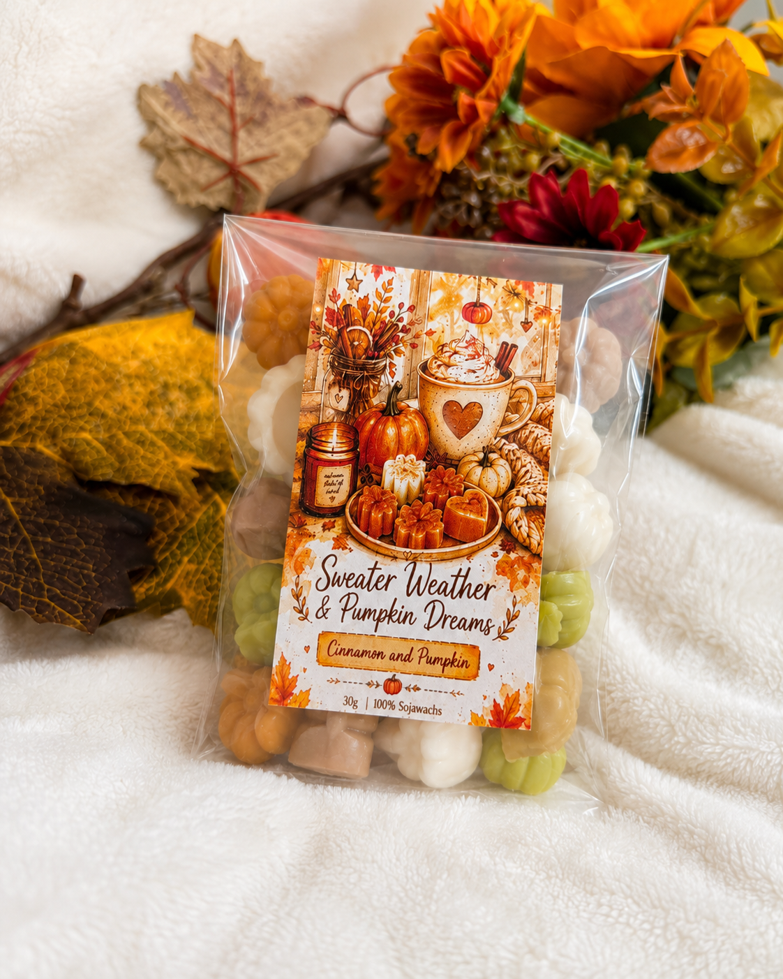 30 g Sweater Weather & Pumpkin Dreams Duftwachs aus Sojawachs mit herbstlichen Kürbisformen