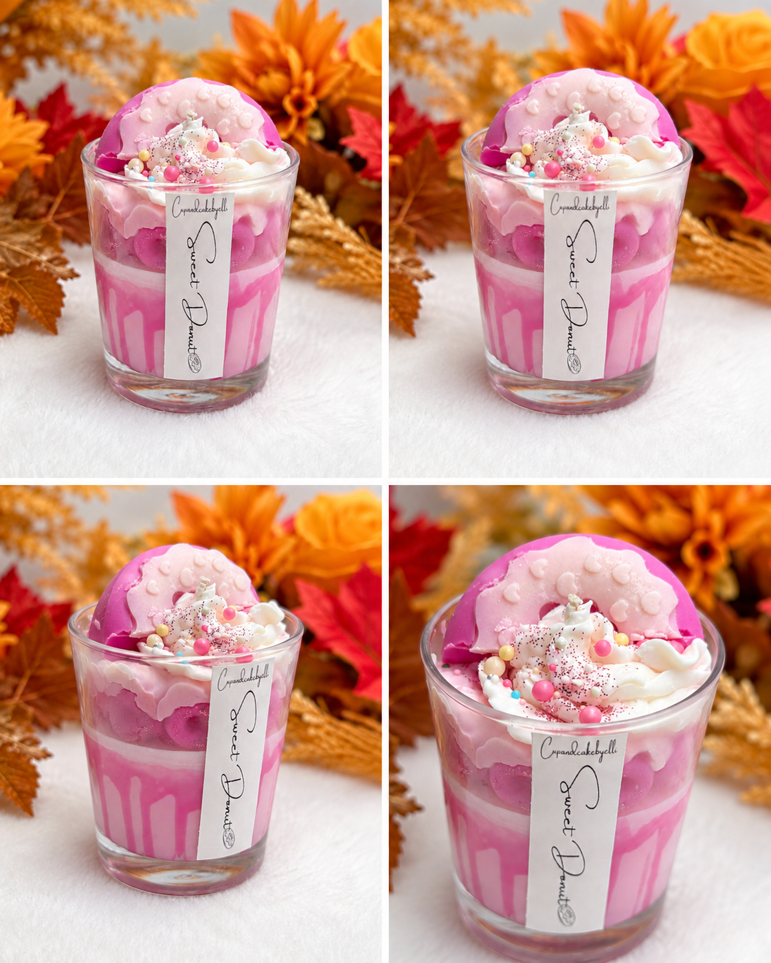Handgefertigte Sweet-Donut-Duftkerze aus Sojawachs mit Erdbeer-Eiscreme-Duft, rosafarbenem Schichtdesign und Donut-Dekoration von Cupandcakebyelli.